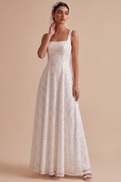 Load image into Gallery viewer, White Sparkly Sequin A-Line Floral Square Neck Long Beach Wedding Dress
