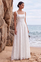 Load image into Gallery viewer, White Sparkly Sequin A-Line Floral Square Neck Long Beach Wedding Dress
