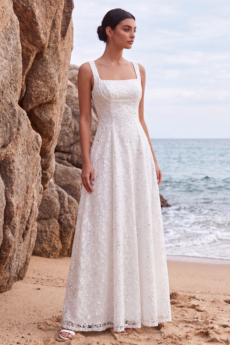 Load image into Gallery viewer, White Sparkly Sequin A-Line Floral Square Neck Long Beach Wedding Dress