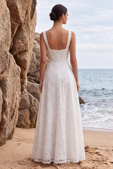 White Sparkly Sequin A-Line Floral Square Neck Long Beach Wedding Dress