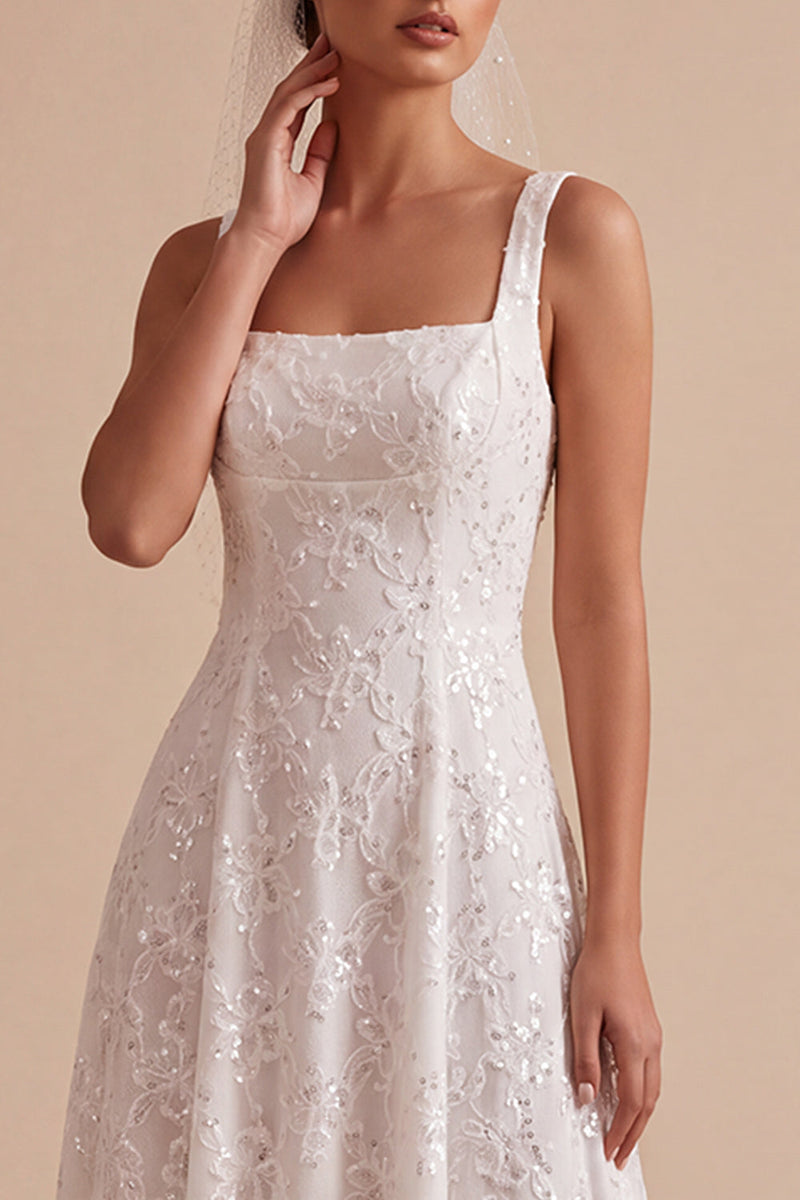 Load image into Gallery viewer, White Sparkly Sequin A-Line Floral Square Neck Long Beach Wedding Dress
