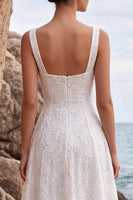 Load image into Gallery viewer, White Sparkly Sequin A-Line Floral Square Neck Long Beach Wedding Dress