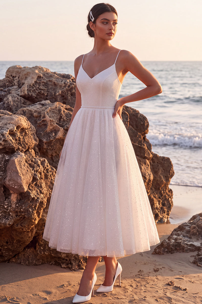 Load image into Gallery viewer, Glitter White A-Line Spaghetti Straps Maxi Beach Wedding Dress
