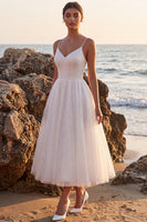 Load image into Gallery viewer, Glitter White A-Line Spaghetti Straps Maxi Beach Wedding Dress