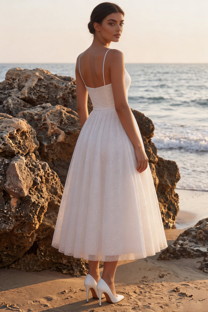 Load image into Gallery viewer, Glitter White A-Line Spaghetti Straps Maxi Beach Wedding Dress