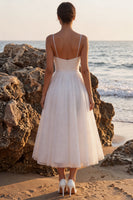 Load image into Gallery viewer, Glitter White A-Line Spaghetti Straps Maxi Beach Wedding Dress