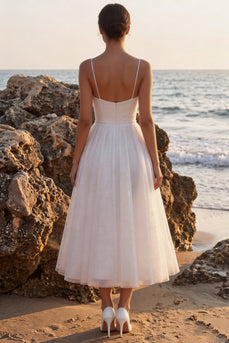 Glitter White A-Line Spaghetti Straps Maxi Beach Wedding Dress