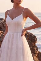 Load image into Gallery viewer, Glitter White A-Line Spaghetti Straps Maxi Beach Wedding Dress