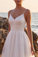 Load image into Gallery viewer, Glitter White A-Line Spaghetti Straps Maxi Beach Wedding Dress