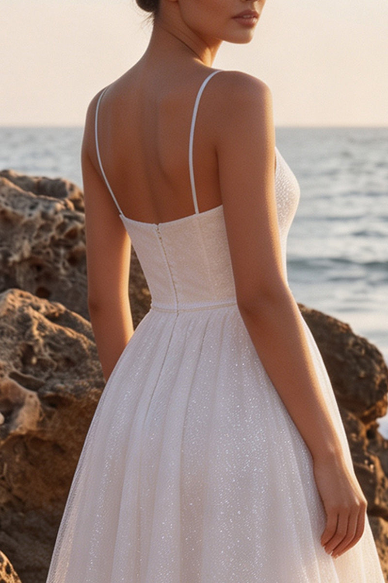 Load image into Gallery viewer, Glitter White A-Line Spaghetti Straps Maxi Beach Wedding Dress