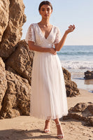 Load image into Gallery viewer, White Floral A-Line Tulle Maxi Beach Wedding Dress with Sleeves
