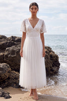 Load image into Gallery viewer, White Floral A-Line Tulle Maxi Beach Wedding Dress with Sleeves