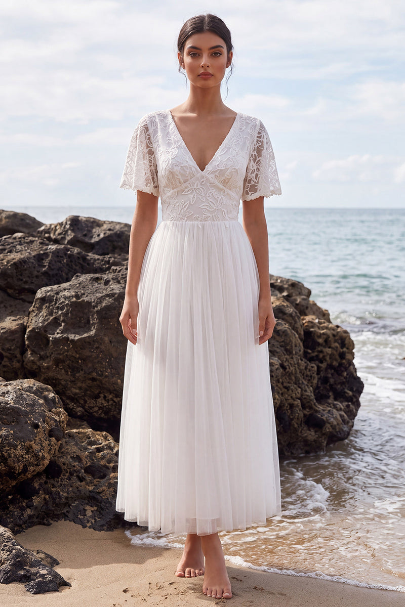 Load image into Gallery viewer, White Floral A-Line Tulle Maxi Beach Wedding Dress with Sleeves