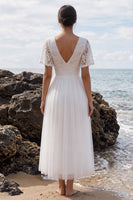 Load image into Gallery viewer, White Floral A-Line Tulle Maxi Beach Wedding Dress with Sleeves
