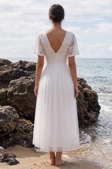White Floral A-Line Tulle Maxi Beach Wedding Dress with Sleeves