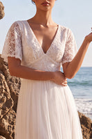 Load image into Gallery viewer, White Floral A-Line Tulle Maxi Beach Wedding Dress with Sleeves