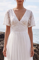 Load image into Gallery viewer, White Floral A-Line Tulle Maxi Beach Wedding Dress with Sleeves