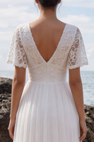 Load image into Gallery viewer, White Floral A-Line Tulle Maxi Beach Wedding Dress with Sleeves