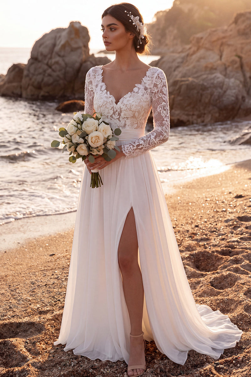 Load image into Gallery viewer, White Chiffon V-Neck A-Line Sweep Train Beach Wedding Dress with Slit