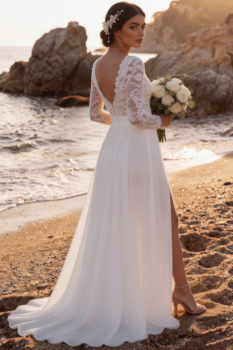 Load image into Gallery viewer, White Chiffon V-Neck A-Line Sweep Train Beach Wedding Dress with Slit