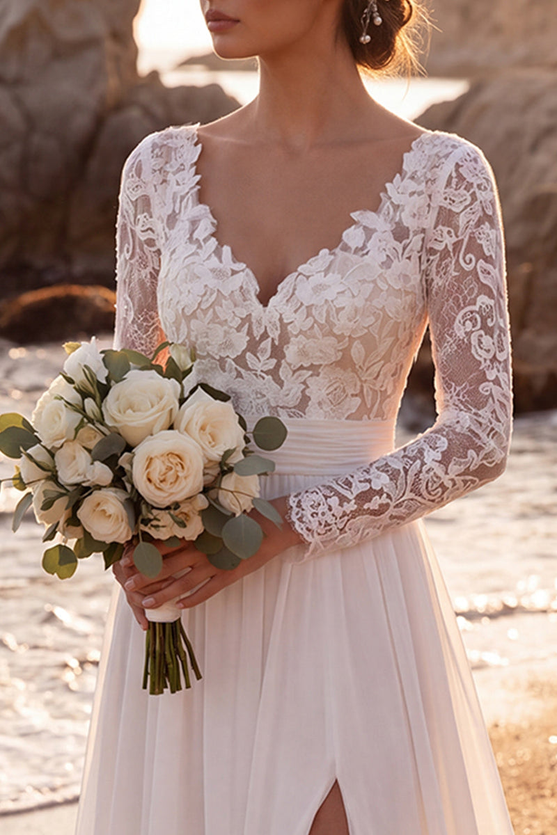 Load image into Gallery viewer, White Chiffon V-Neck A-Line Sweep Train Beach Wedding Dress with Slit