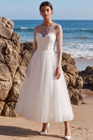 Load image into Gallery viewer, White Tulle A-Line Sparkly Beaded Maxi Beach Wedding Dress with Sleeves
