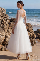 Load image into Gallery viewer, White Tulle A-Line Sparkly Beaded Maxi Beach Wedding Dress with Sleeves