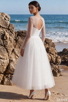 White Tulle A-Line Sparkly Beaded Maxi Beach Wedding Dress with Sleeves