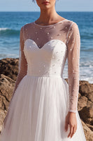 Load image into Gallery viewer, White Tulle A-Line Sparkly Beaded Maxi Beach Wedding Dress with Sleeves