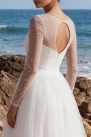Load image into Gallery viewer, White Tulle A-Line Sparkly Beaded Maxi Beach Wedding Dress with Sleeves