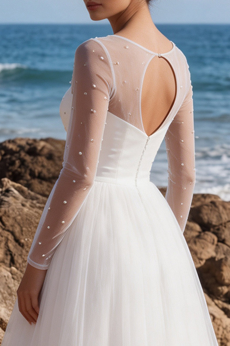 Load image into Gallery viewer, White Tulle A-Line Sparkly Beaded Maxi Beach Wedding Dress with Sleeves