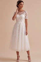 Load image into Gallery viewer, Floral White A-Line Boat Neck Midi Beach Wedding Dress with Sleeves