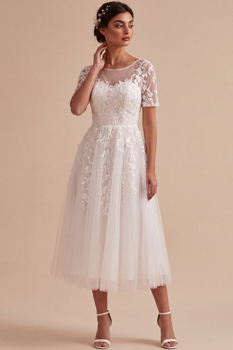 Load image into Gallery viewer, Floral White A-Line Boat Neck Midi Beach Wedding Dress with Sleeves