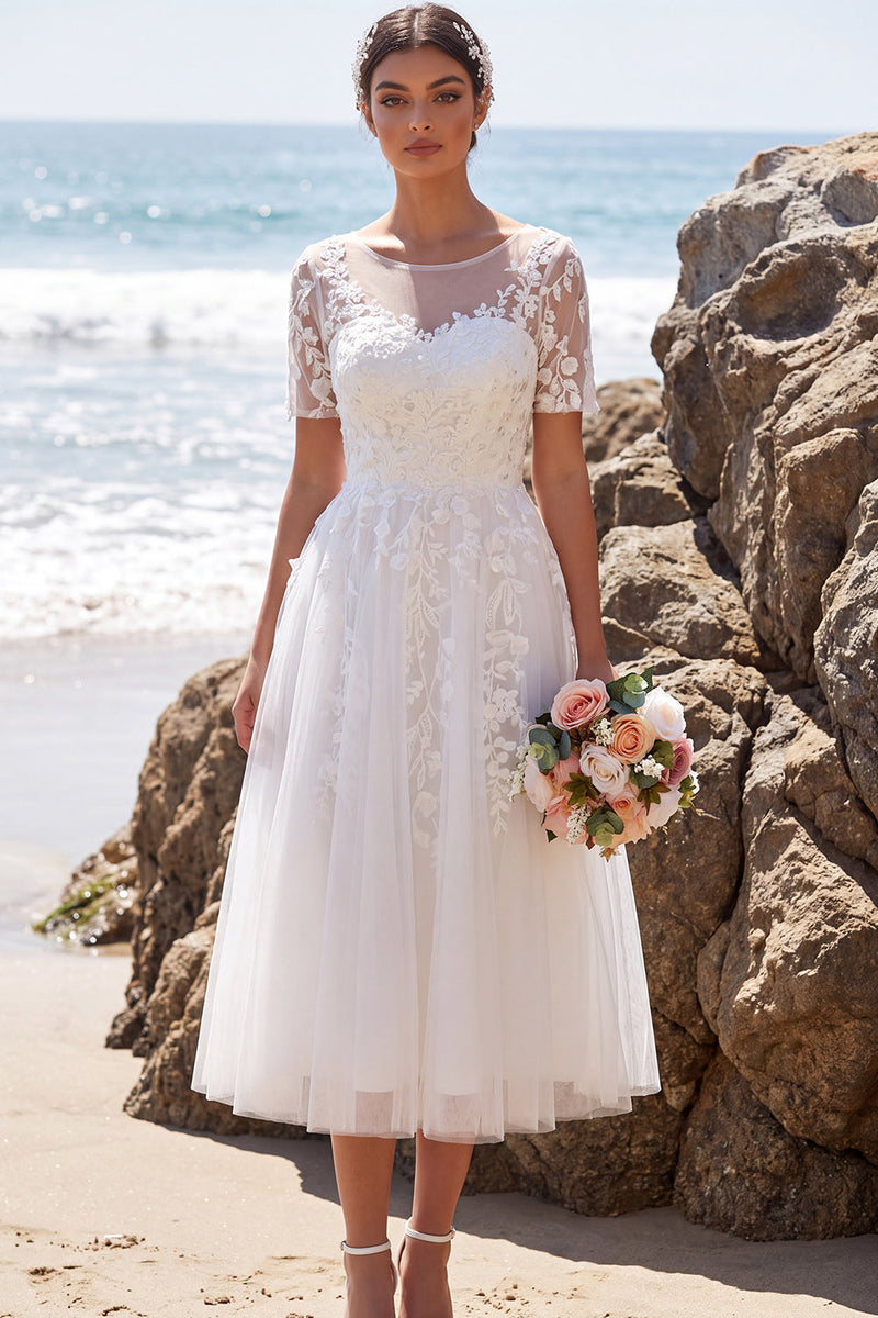Load image into Gallery viewer, Floral White A-Line Boat Neck Midi Beach Wedding Dress with Sleeves