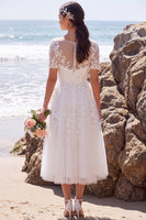 Load image into Gallery viewer, Floral White A-Line Boat Neck Midi Beach Wedding Dress with Sleeves