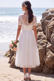 Floral White A-Line Boat Neck Midi Beach Wedding Dress with Sleeves