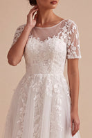 Load image into Gallery viewer, Floral White A-Line Boat Neck Midi Beach Wedding Dress with Sleeves