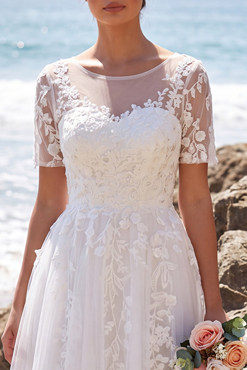 Load image into Gallery viewer, Floral White A-Line Boat Neck Midi Beach Wedding Dress with Sleeves