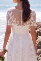 Load image into Gallery viewer, Floral White A-Line Boat Neck Midi Beach Wedding Dress with Sleeves
