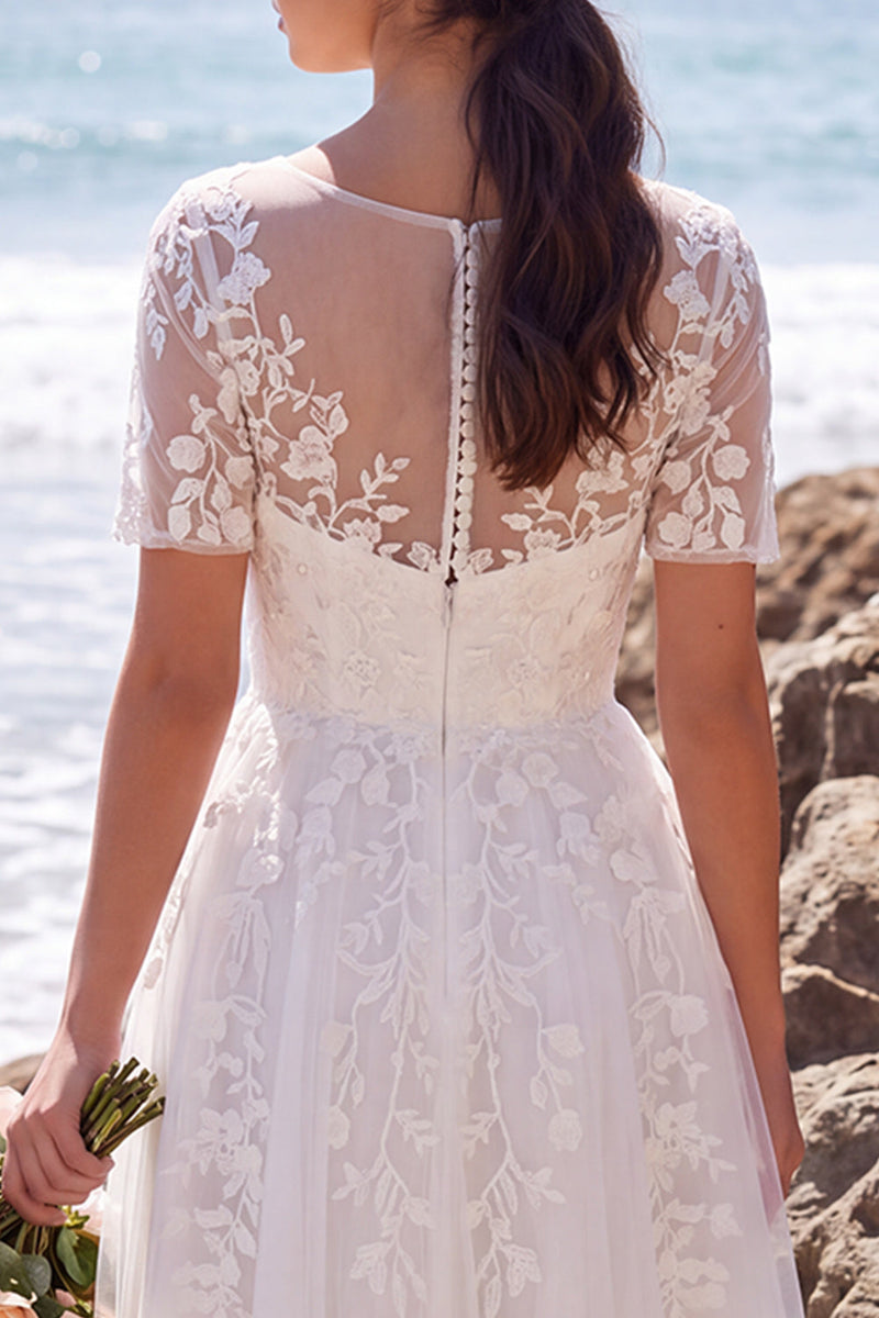 Load image into Gallery viewer, Floral White A-Line Boat Neck Midi Beach Wedding Dress with Sleeves