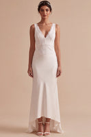 Load image into Gallery viewer, Mermaid White Lace V-Neck Floral Sweep Train Beach Wedding Dress