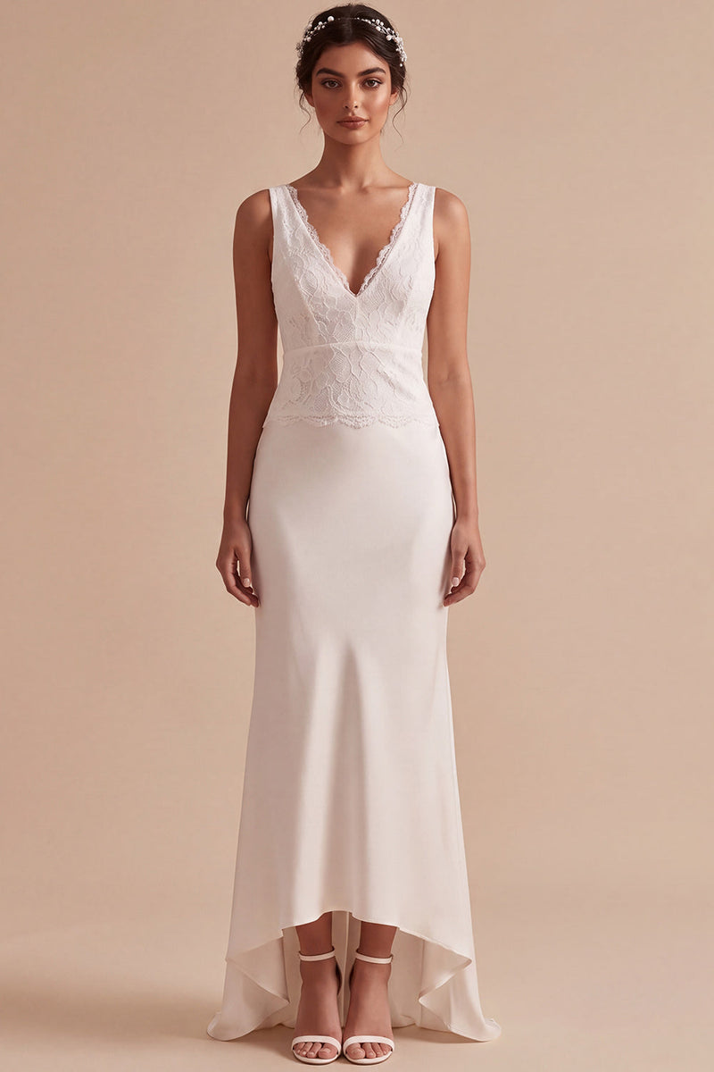 Load image into Gallery viewer, Mermaid White Lace V-Neck Floral Sweep Train Beach Wedding Dress