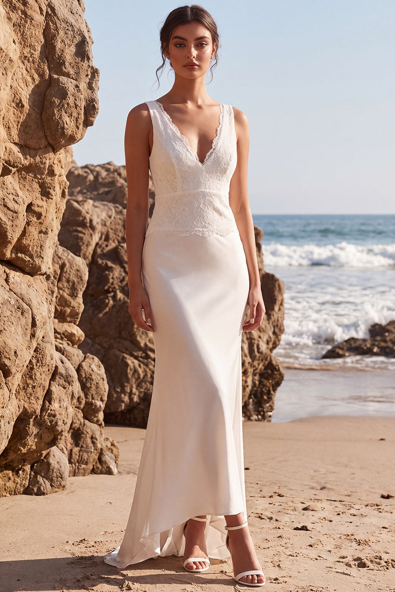 Load image into Gallery viewer, Mermaid White Lace V-Neck Floral Sweep Train Beach Wedding Dress