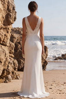 Mermaid White Lace V-Neck Floral Sweep Train Beach Wedding Dress