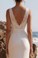 Load image into Gallery viewer, Mermaid White Lace V-Neck Floral Sweep Train Beach Wedding Dress