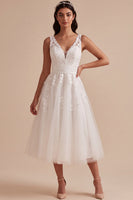 Load image into Gallery viewer, White A-Line Floral V-Neck Tulle Midi Beach Wedding Dress