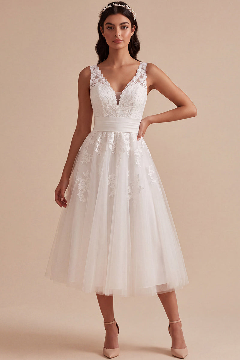 Load image into Gallery viewer, White A-Line Floral V-Neck Tulle Midi Beach Wedding Dress
