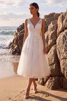 Load image into Gallery viewer, White A-Line Floral V-Neck Tulle Midi Beach Wedding Dress