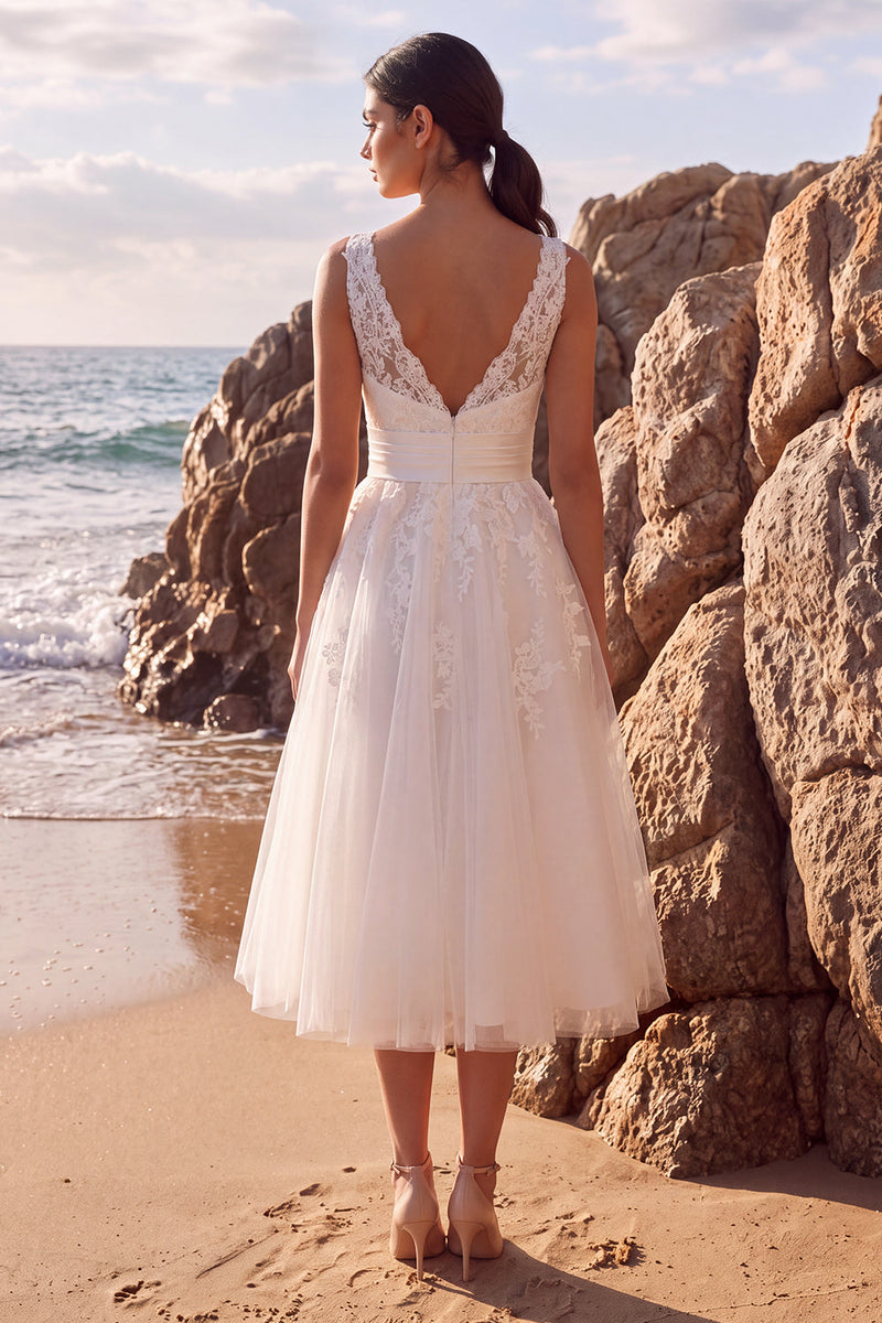 Load image into Gallery viewer, White A-Line Floral V-Neck Tulle Midi Beach Wedding Dress