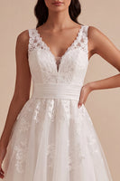 Load image into Gallery viewer, White A-Line Floral V-Neck Tulle Midi Beach Wedding Dress